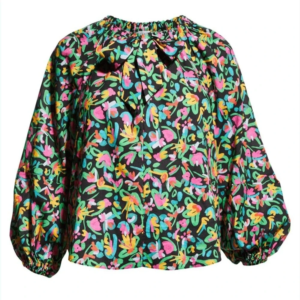 Tanya Taylor Womens Top Isla Painterly Puff Lantern Sleeve Multicolor Blouse M - Picture 1 of 12